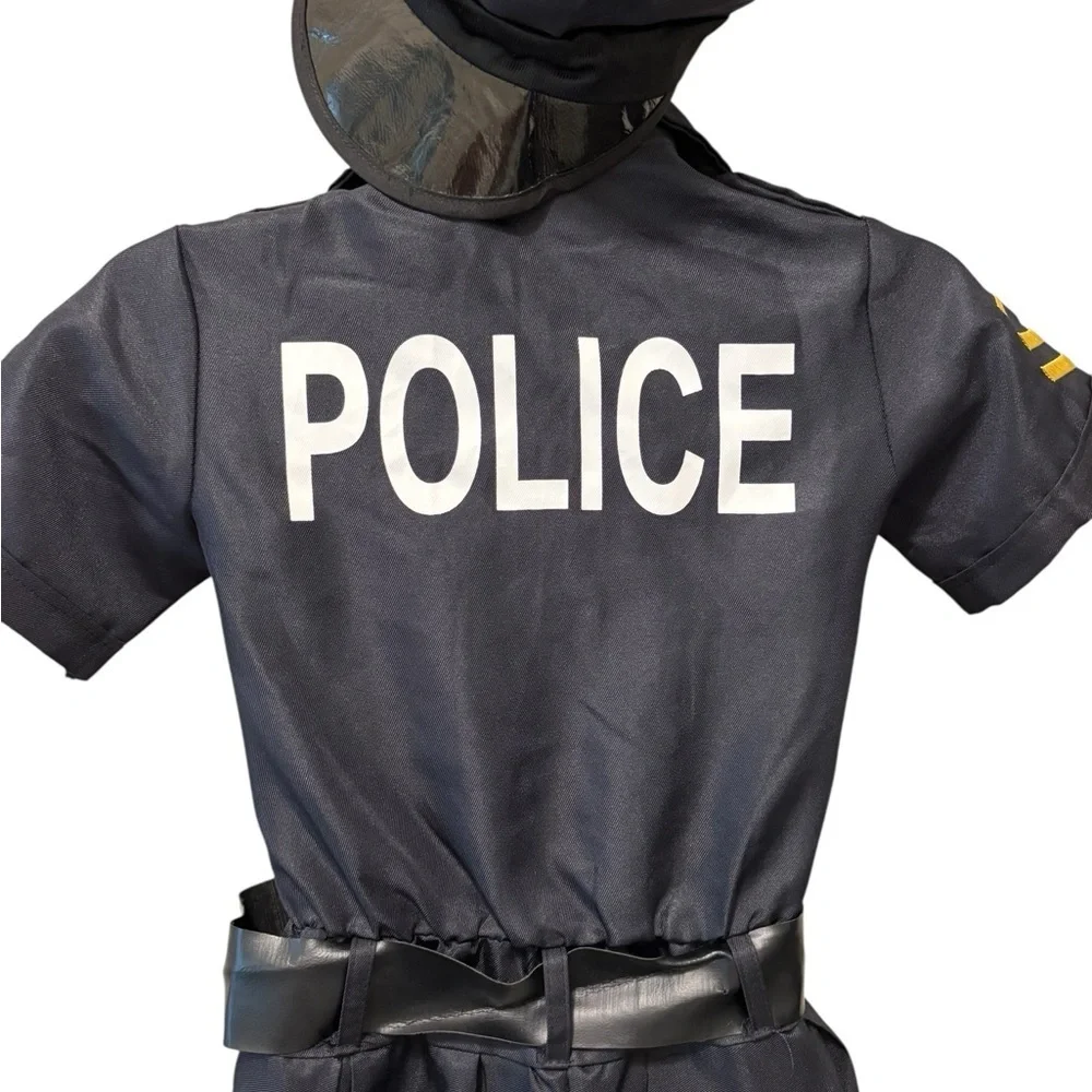 Halloween Police Officer Pleated Dress & Hat Sz Girls M 8/10 Black Belted Party
